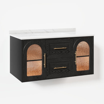 42" Arune Black Bathroom Vanity with Arched Glass Doors, Drawers and Light
