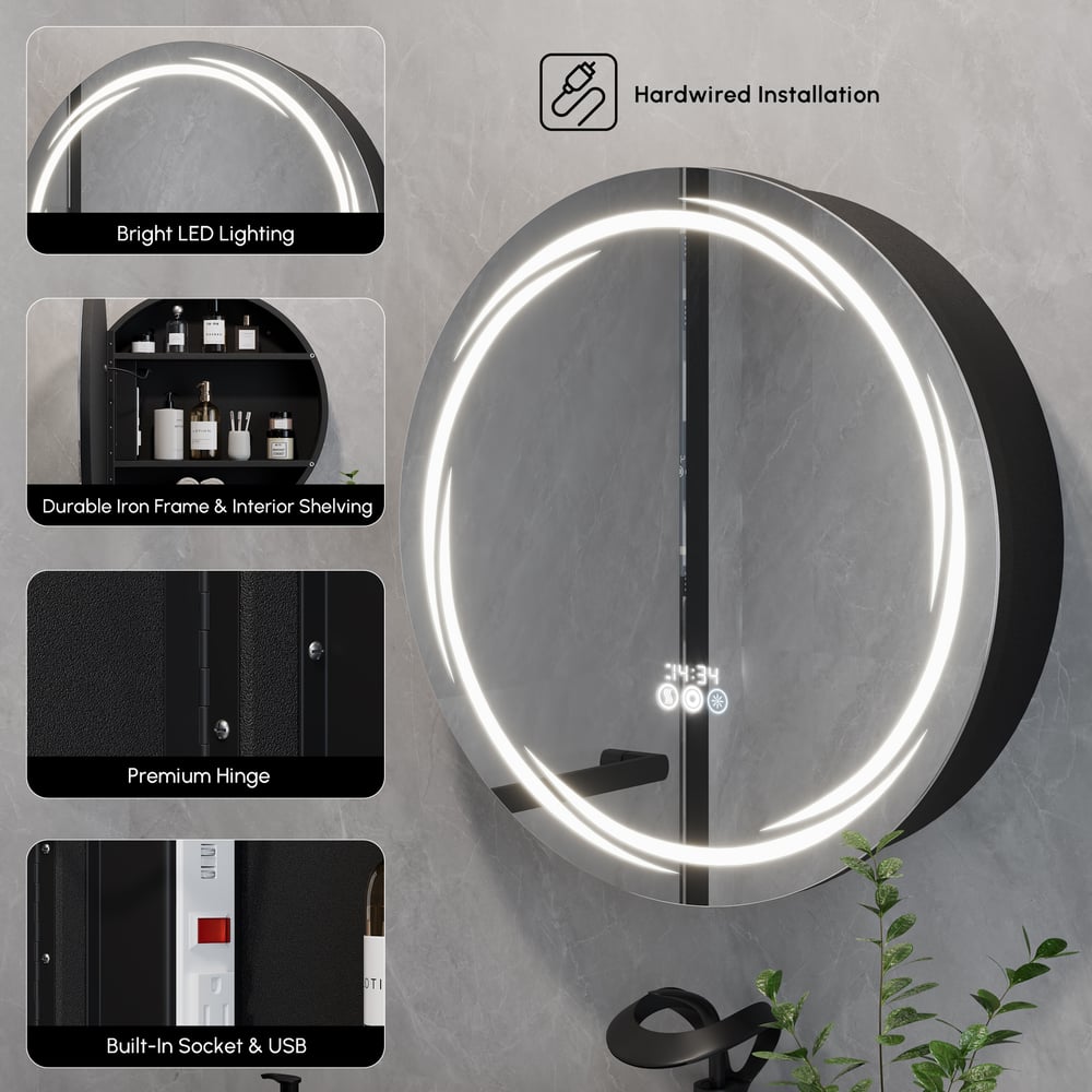 Floating Curved Bathroom Vanity in Black & Round LED Medicine Cabinet Set Right Offset