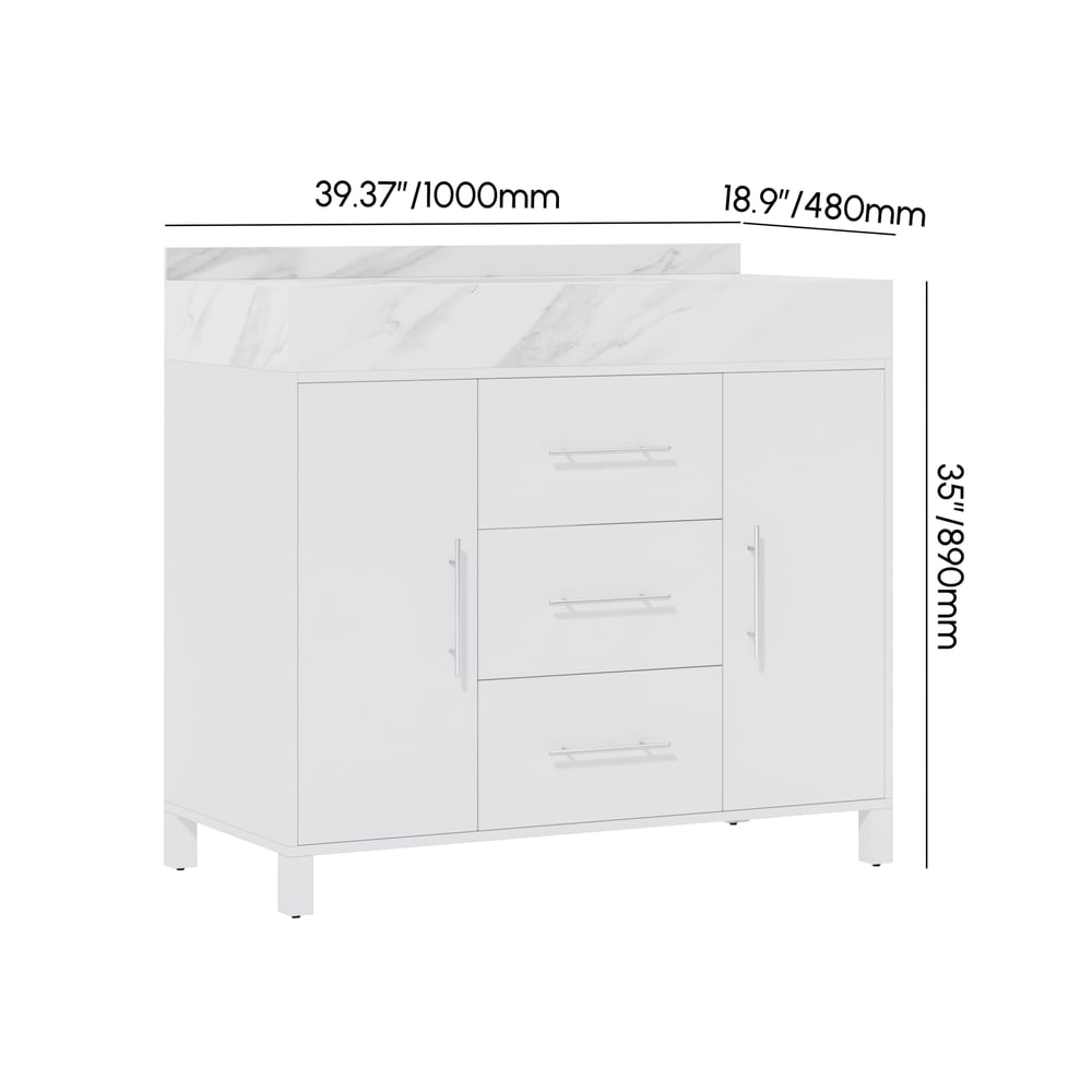 39.4" Freestanding White Bathroom Vanity, Sintered Stone Countertop & Silver Handles