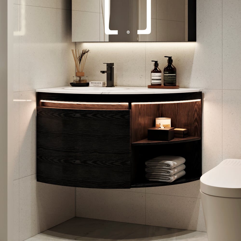 Modern 36" Corner Floating Single Bathroom Vanity with Sink, LED Light, Storage