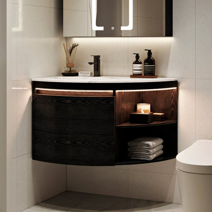 Modern 36" Corner Floating Single Bathroom Vanity with Sink, LED Light, Storage