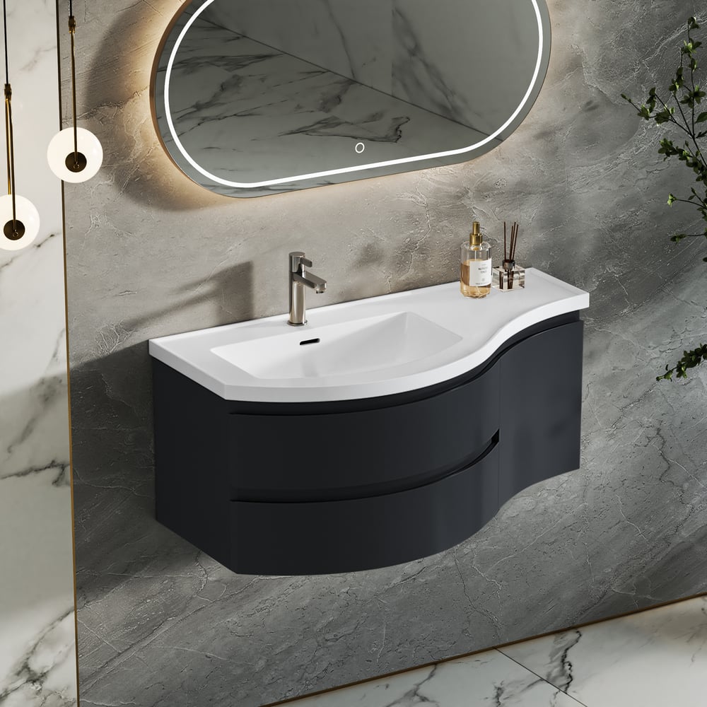 35" Floating Single Curved Bathroom Vanity with Sink & Storage