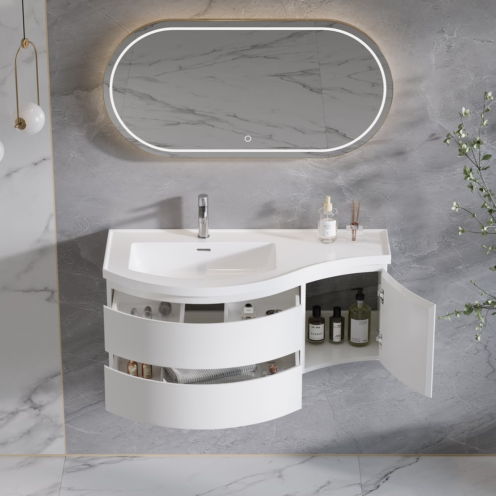 35" Floating Single Curved Bathroom Vanity with Sink & Storage