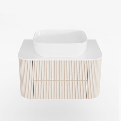 31.5" Whitewash Fluted Bathroom Vanity with Vessel Sink – Wall-Mounted Floating Design