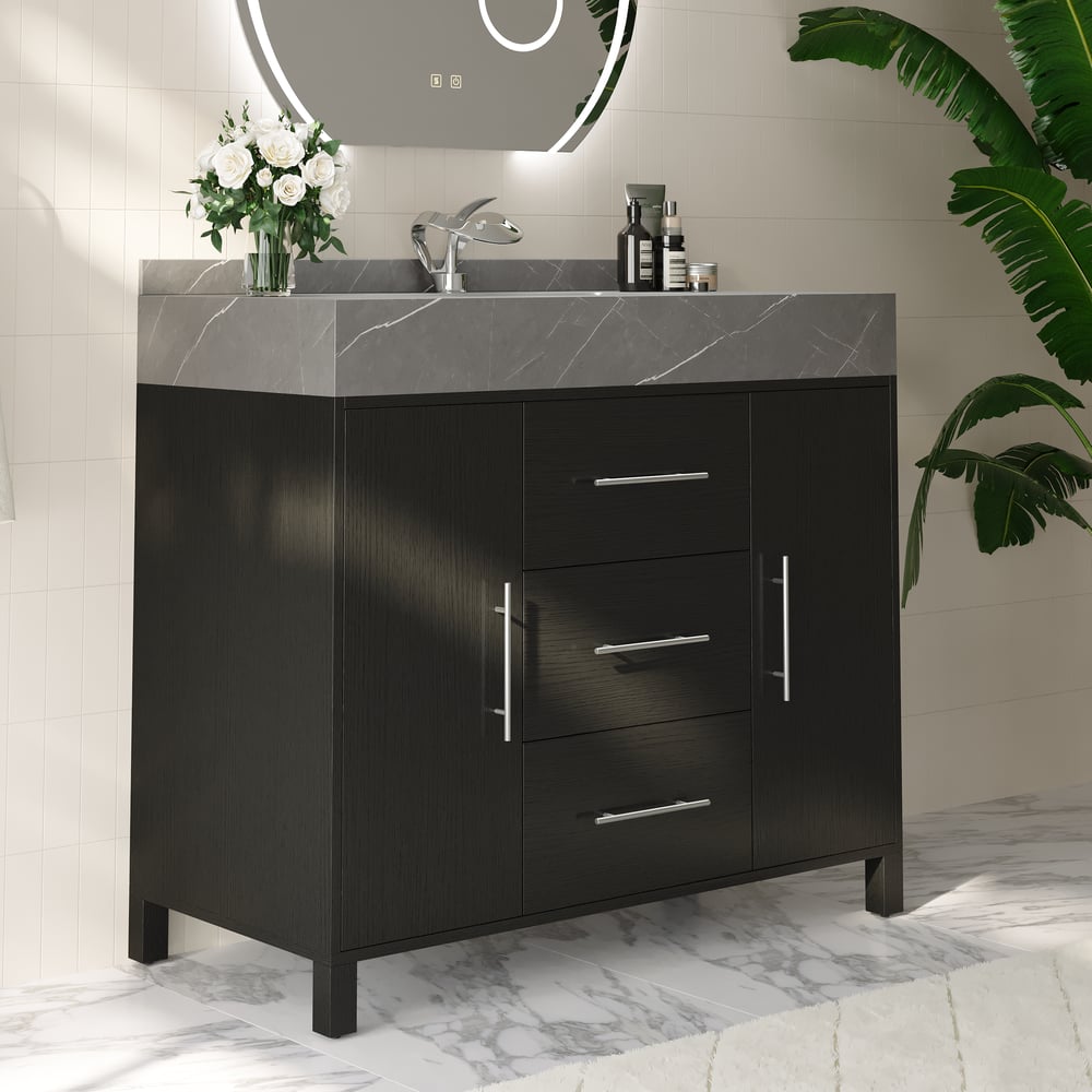39.4" Freestanding Black Bathroom Vanity, Sintered Stone Countertop & Silver Handles