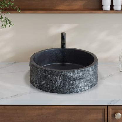 16'' Black Concrete Vessel Sink Modern Stone Textured Round Bathroom Sink