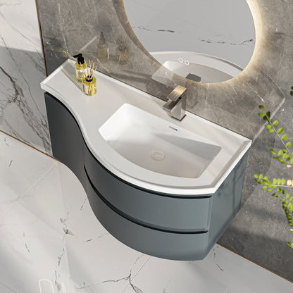 35" Floating Single Curved Bathroom Vanity with Sink & Storage