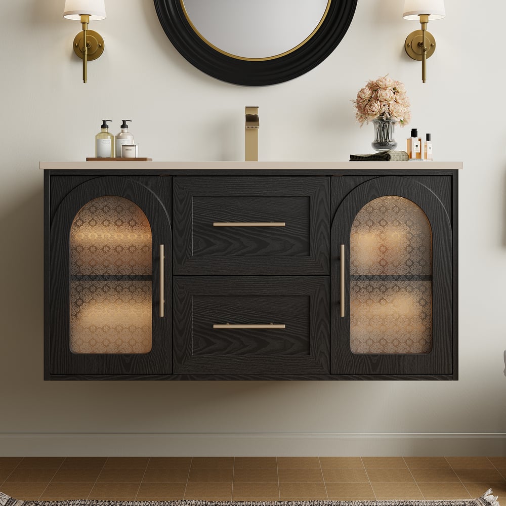 42" Arune Black Bathroom Vanity with Arched Glass Doors, Drawers and Light