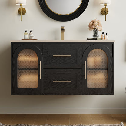 42" Arune Black Bathroom Vanity with Arched Glass Doors, Drawers and Light