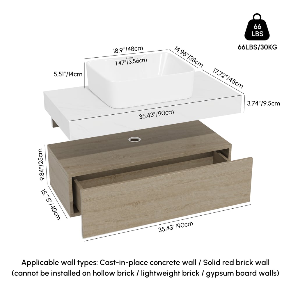 Modena 35.4"Floating Single Bathroom Vanity with Sink, Sintered Stone Top