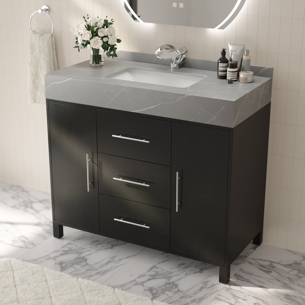 39.4" Freestanding Black Bathroom Vanity, Sintered Stone Countertop & Silver Handles