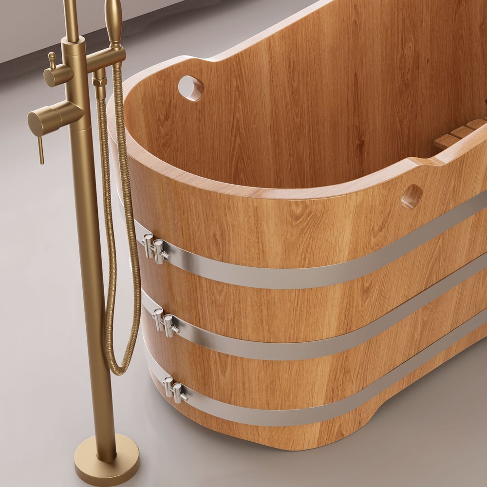 59" Japanese Modern Oval Freestanding Oak Wood Soaking Bathtub Natural