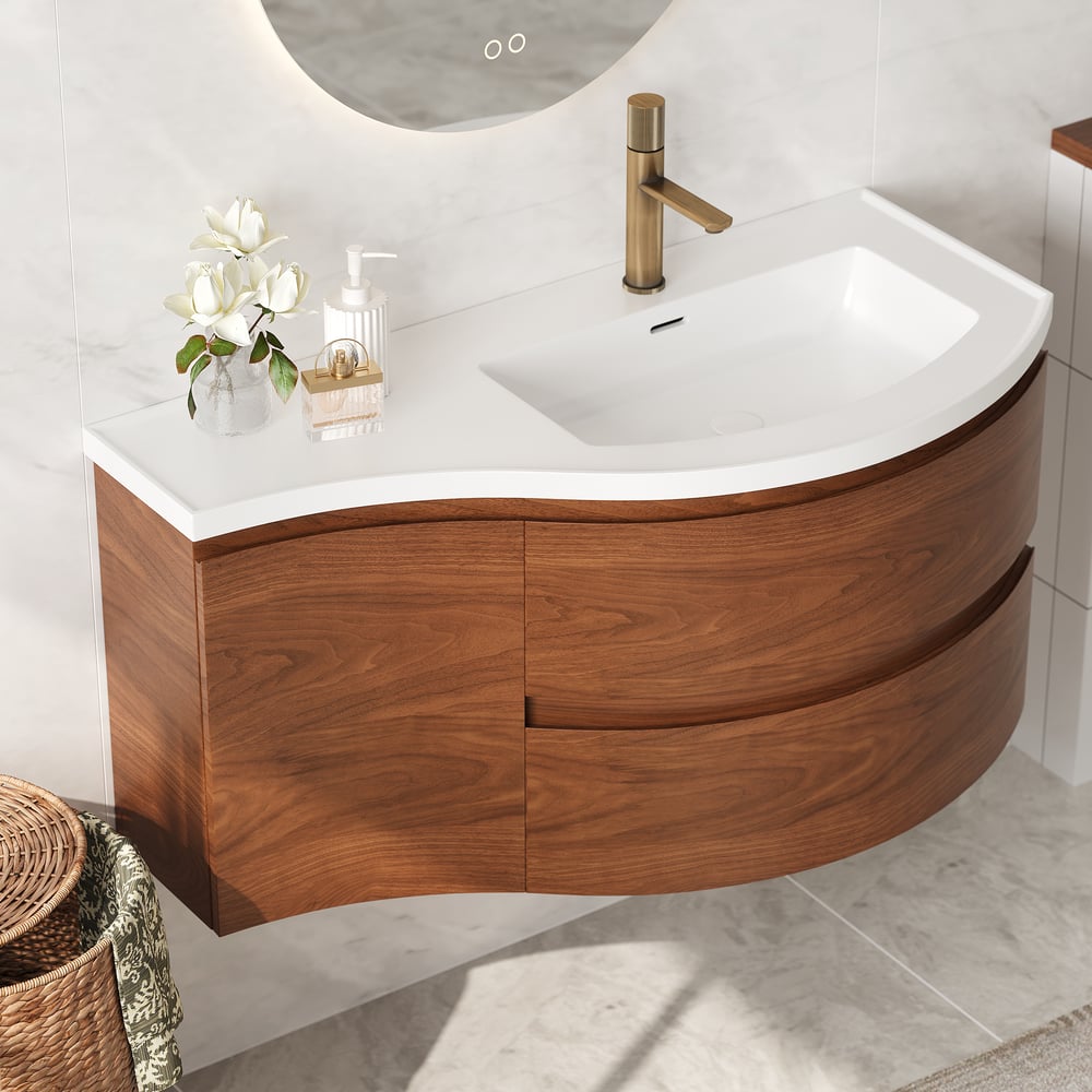 35" Floating Single Curved Bathroom Vanity with Sink & Storage