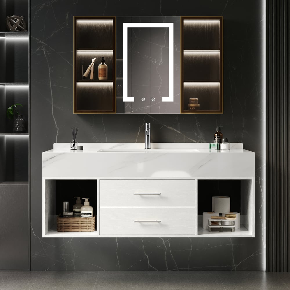 Modern 35.4" Floating Single Bathroom Vanity with Sink, Sintered Stone Top