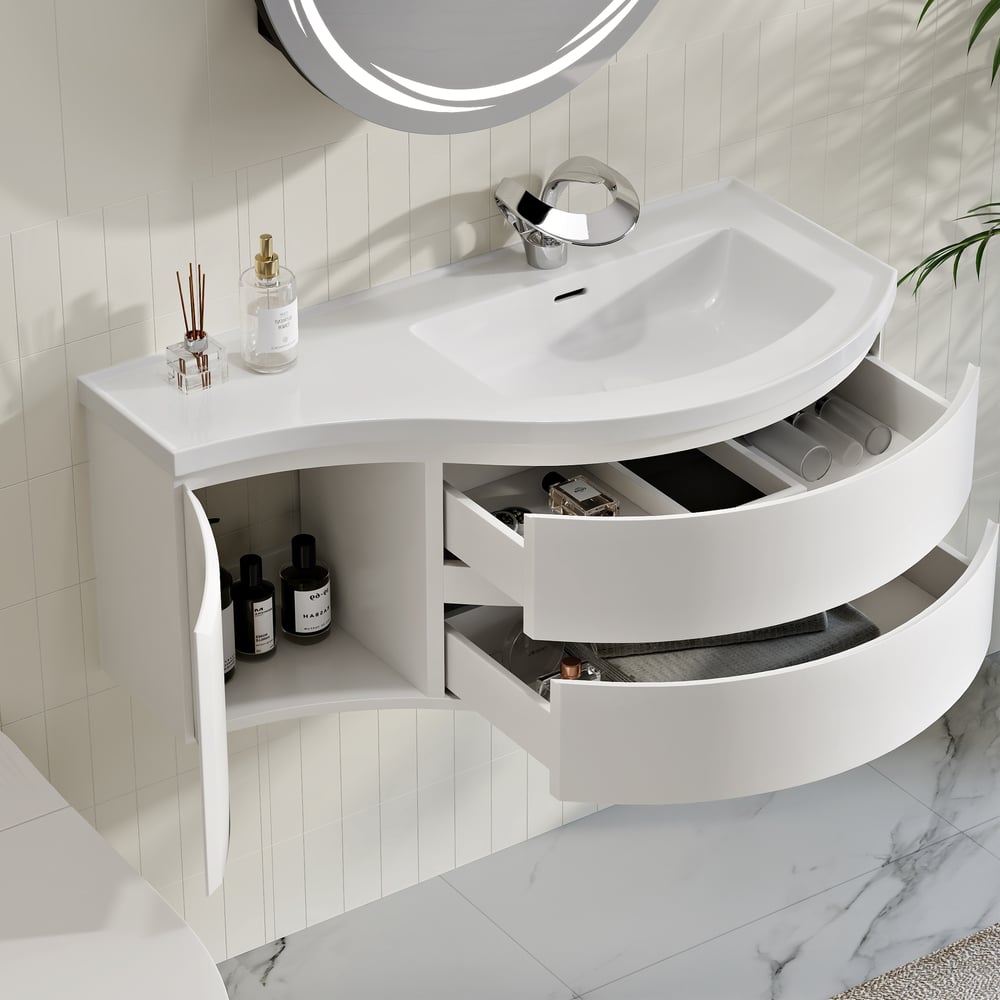 35" Floating Single Curved Bathroom Vanity with Sink & Storage
