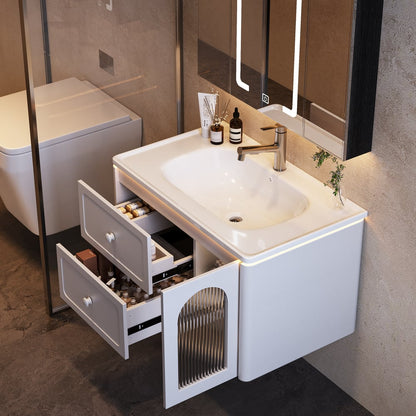31.5" Modern Floating LED Bathroom Vanity with Ribbed Glass Door & Drawers