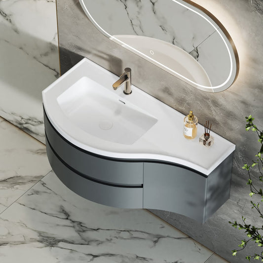 35" Floating Single Curved Bathroom Vanity with Sink & Storage