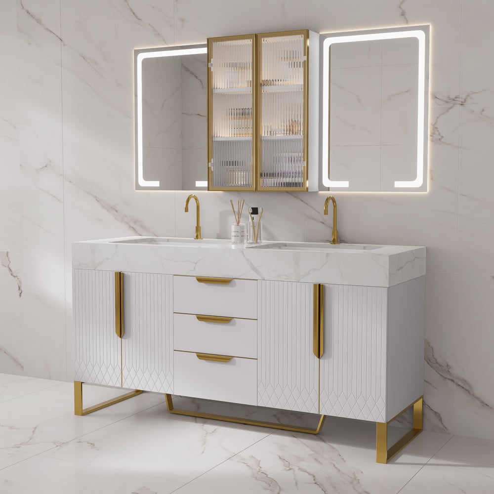 59" Double Sink Freestanding Vanity Set with LED Medicine Cabinet with Storage