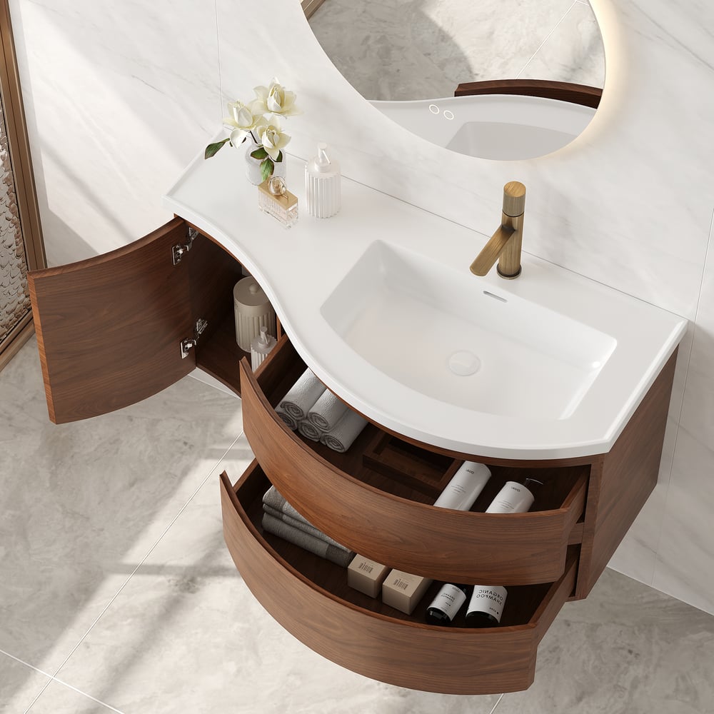 35" Floating Single Curved Bathroom Vanity with Sink & Storage