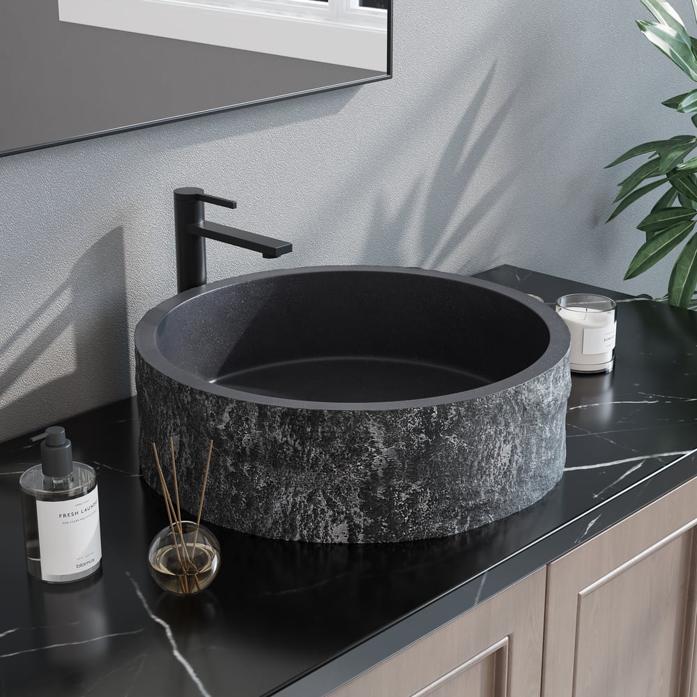 16'' Black Concrete Vessel Sink Modern Stone Textured Round Bathroom Sink