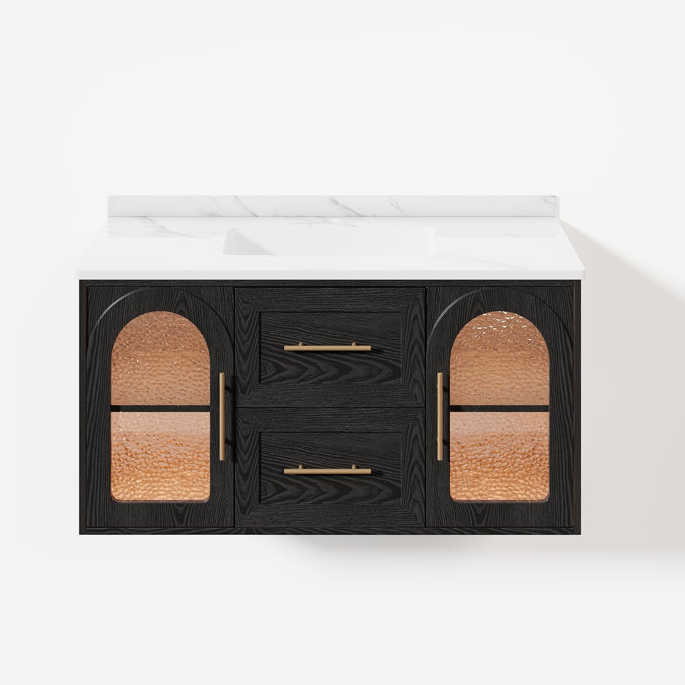 42" Arune Black Bathroom Vanity with Arched Glass Doors, Drawers and Light