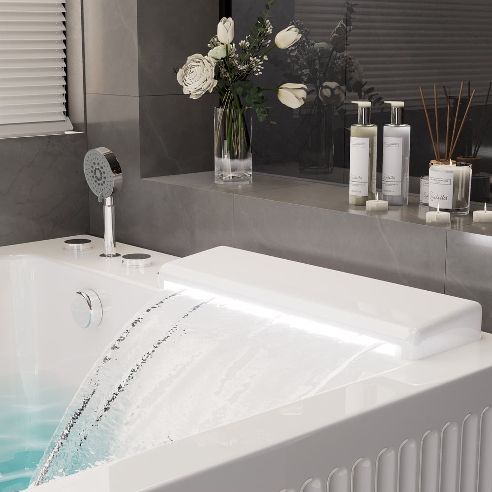 67" 2-Person Whirlpool Bathtub with  33 Massage Jets & 2 LED Waterfall Pillow & Thermostatic Control