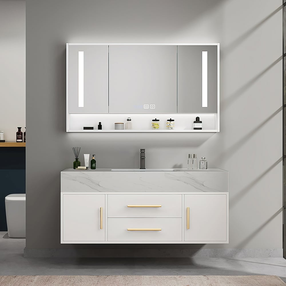Modern 39" White Floating Single Bathroom Vanity with Sintered Stone Top and Sink