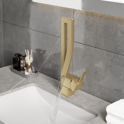 Brushed Gold Waterfall Bathroom Sink Faucet Single Hole Single Handle Brass Modern Style