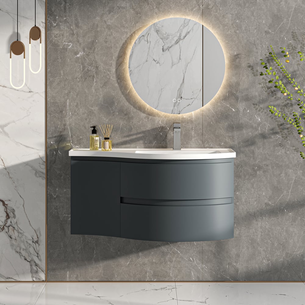 35" Floating Single Curved Bathroom Vanity with Sink & Storage