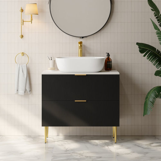 31.5'' Black Single Fluted Bathroom Vanity with Vessel Sink and 2 Drawers