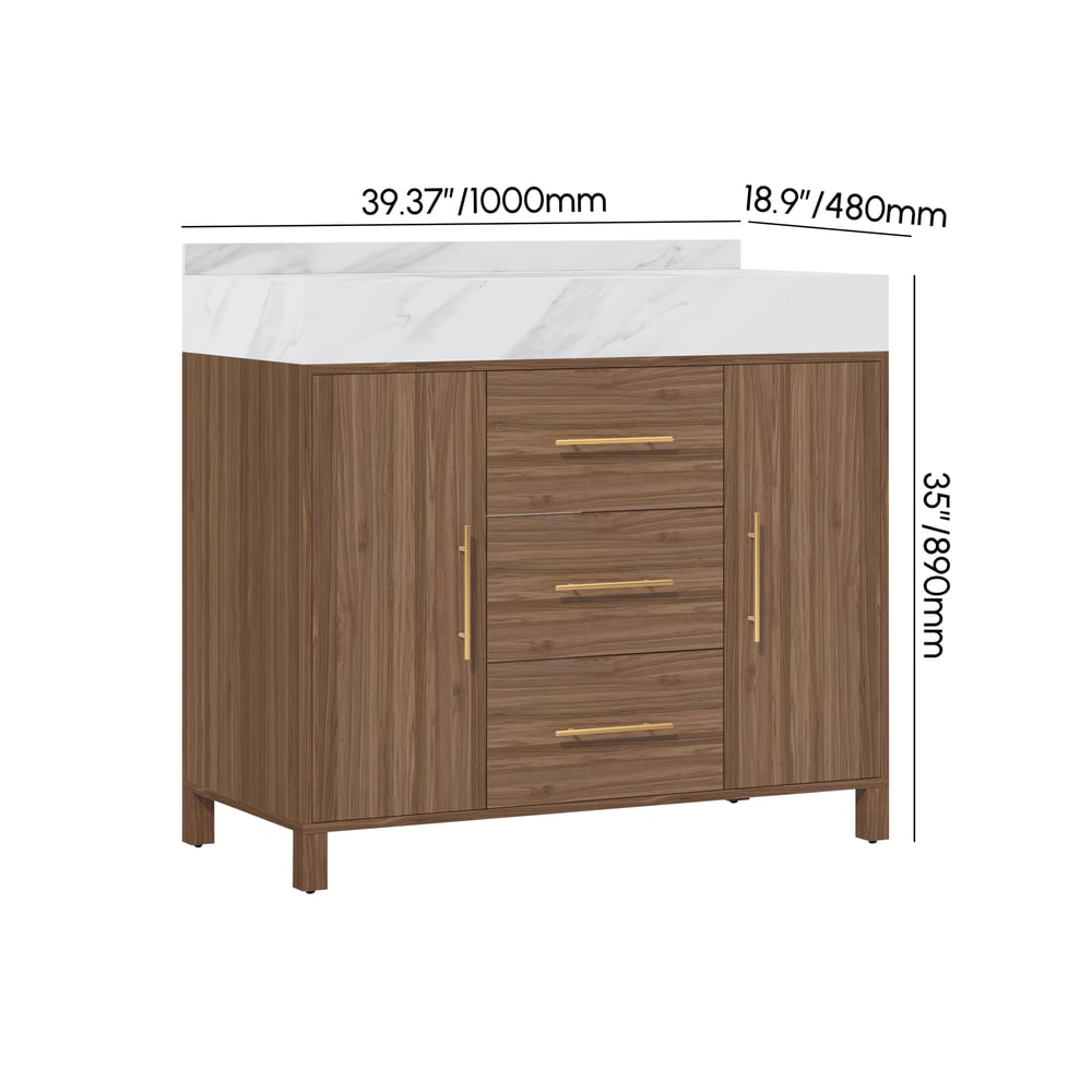 Modern 39" Walnut Sintered Stone Top Bathroom Vanity Set