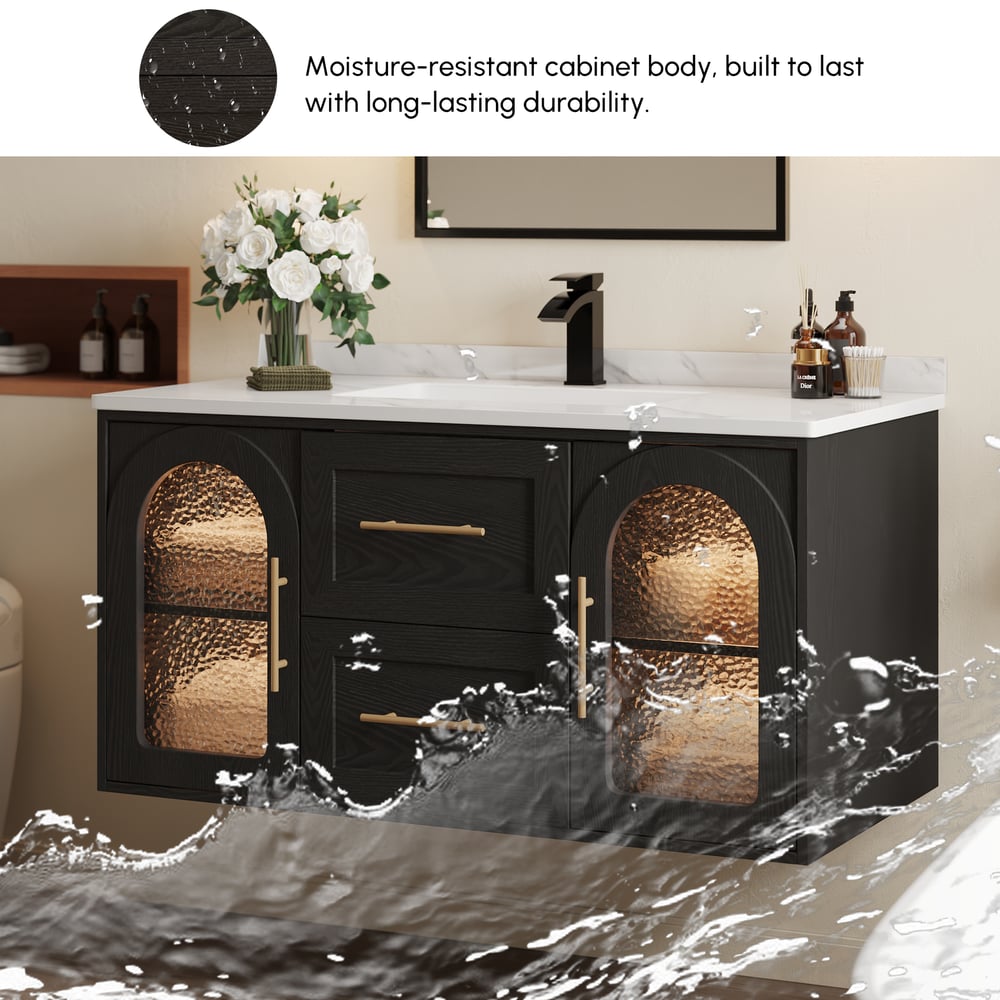 42" Arune Black Bathroom Vanity with Arched Glass Doors, Drawers and Light
