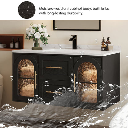 42" Arune Black Bathroom Vanity with Arched Glass Doors, Drawers and Light