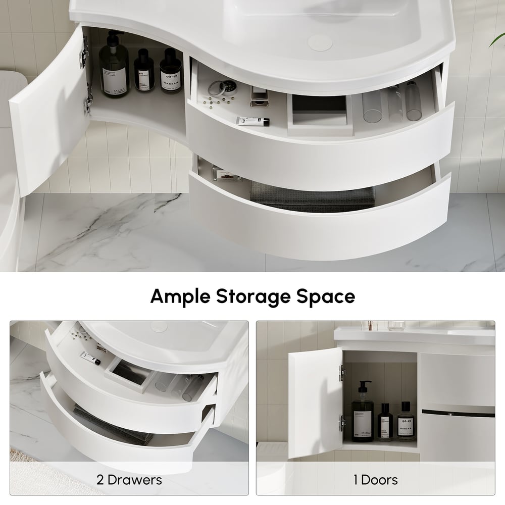 Floating Curved Bathroom Vanity in White & Round LED Medicine Cabinet Set Right Offset