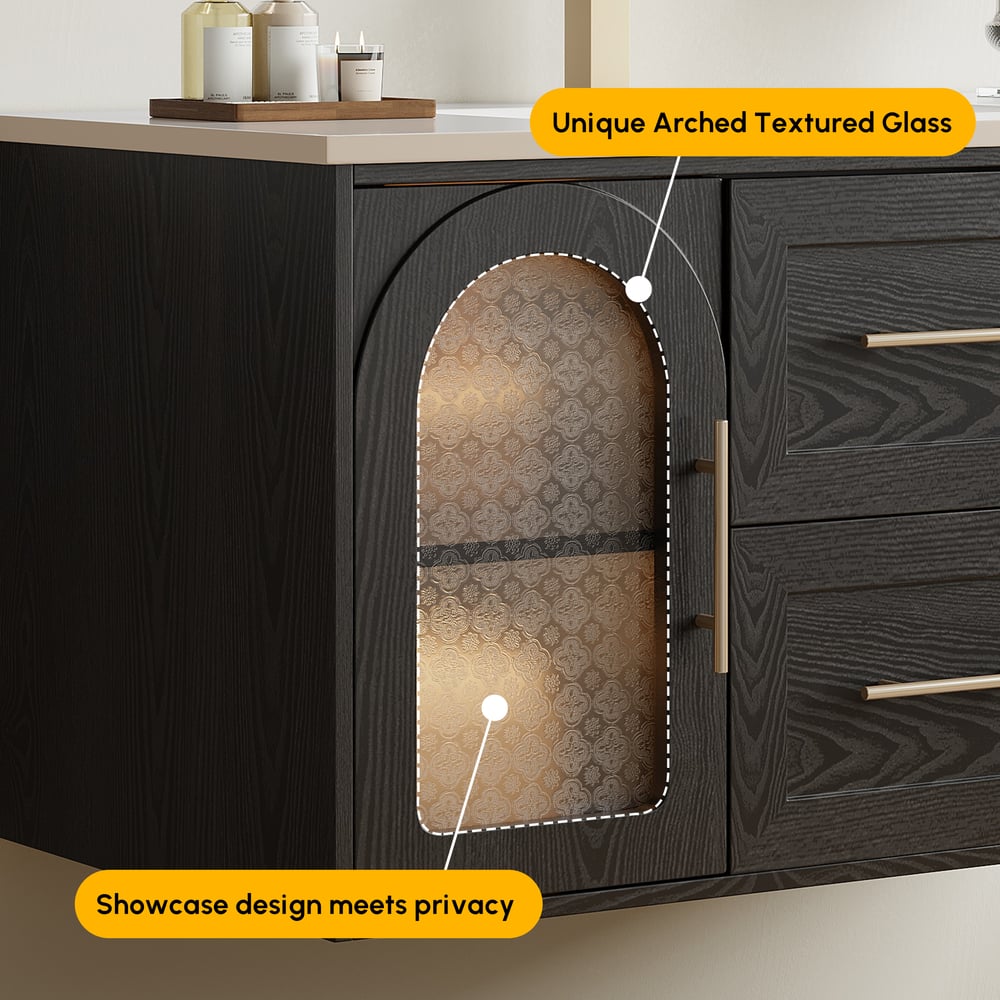 42" Arune Black Bathroom Vanity with Arched Glass Doors, Drawers and Light