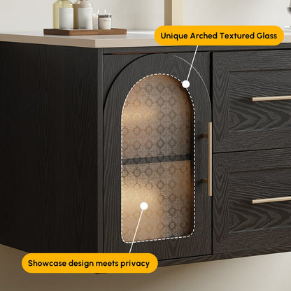 42" Arune Black Bathroom Vanity with Arched Glass Doors, Drawers and Light
