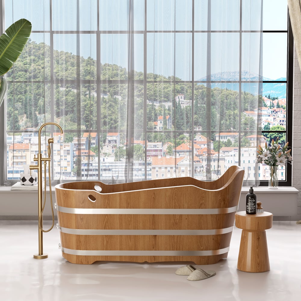 59" Japanese Modern Oval Freestanding Oak Wood Soaking Bathtub Natural