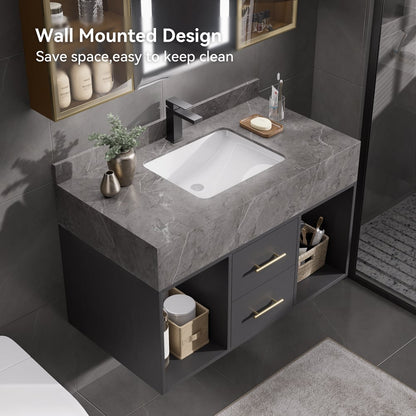 Modern 35.4" Floating Single Bathroom Vanity with Sink, Sintered Stone Top