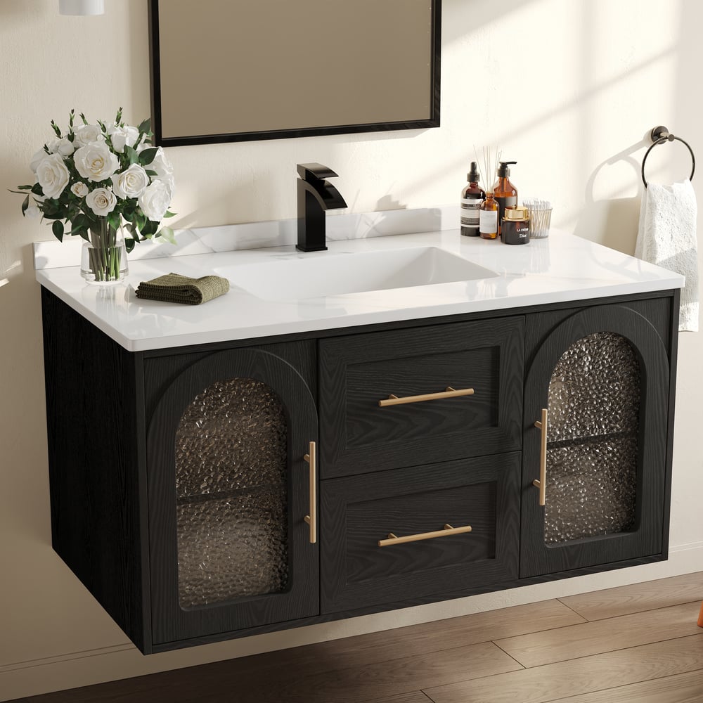 42" Arune Black Bathroom Vanity with Arched Glass Doors, Drawers and Light