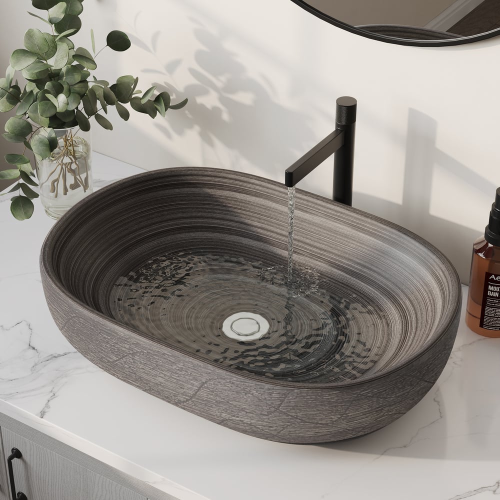 23" Grey Oval Ceramic Bathroom Sink – Matte Glazed Vessel Sink