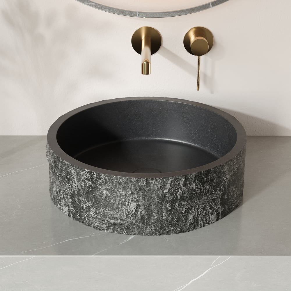 16'' Black Concrete Vessel Sink Modern Stone Textured Round Bathroom Sink