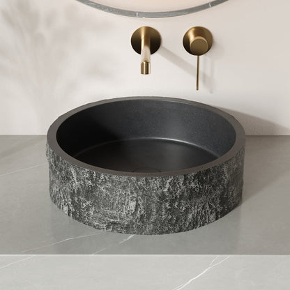 16'' Black Concrete Vessel Sink Modern Stone Textured Round Bathroom Sink