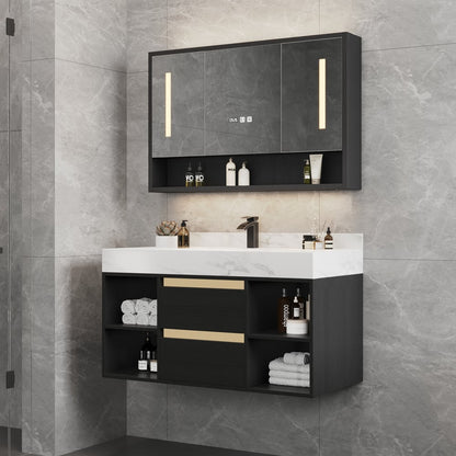 Modern 39.4" Floating Single Bathroom Vanity with Sink in Black, Sintered Stone Top
