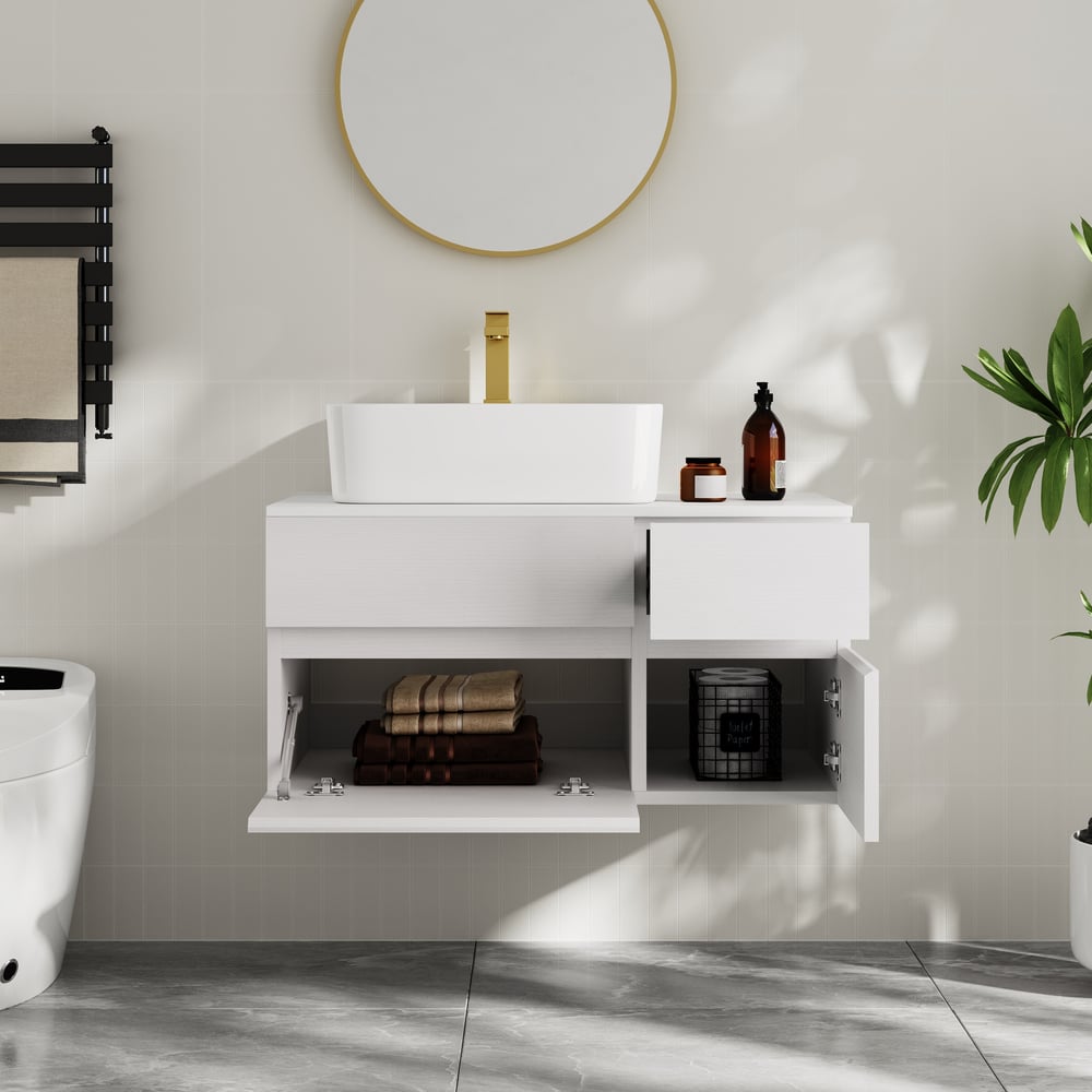 Modern 31.5" Floating Single Bathroom Vanity with Stone Resin Top, Ceramic Basin