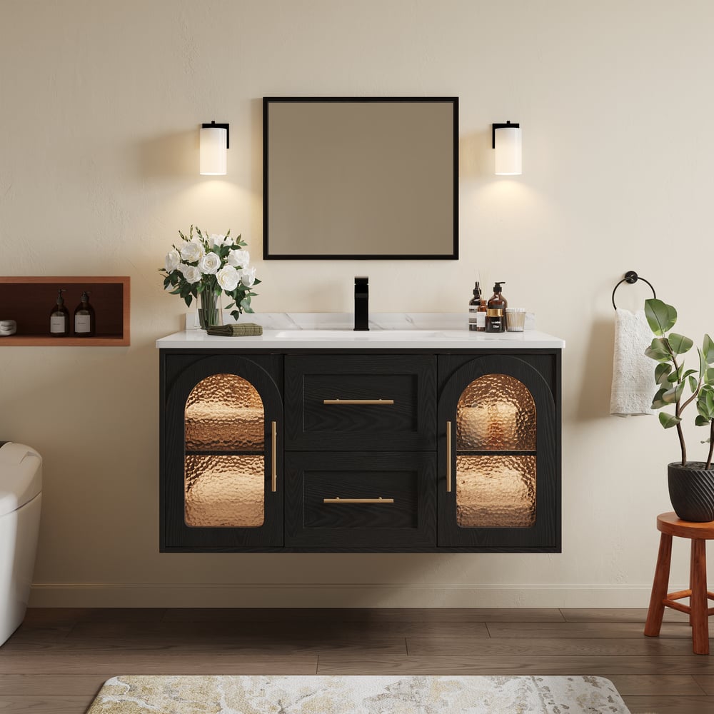 42" Arune Black Bathroom Vanity with Arched Glass Doors, Drawers and Light