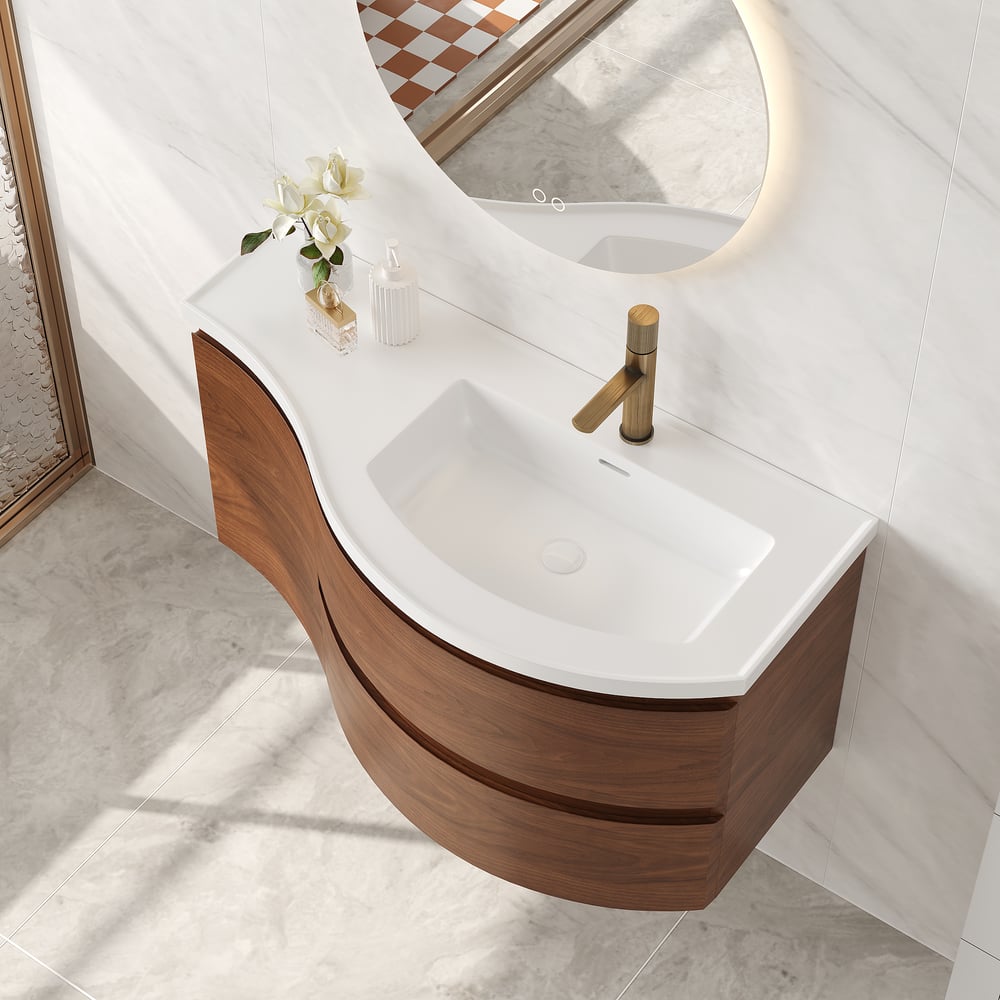35" Floating Single Curved Bathroom Vanity with Sink & Storage