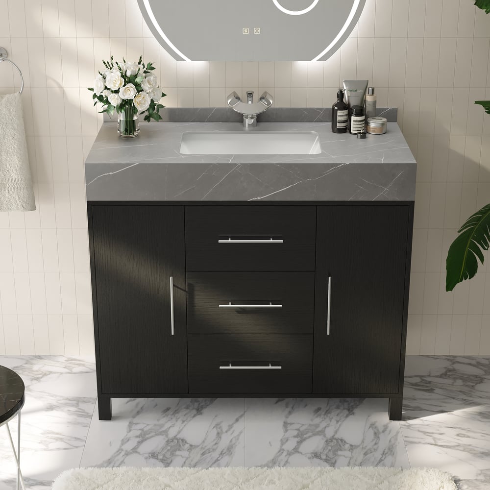 39.4" Freestanding Black Bathroom Vanity, Sintered Stone Countertop & Silver Handles