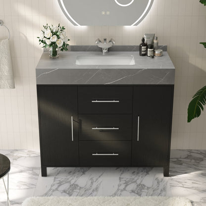 39.4" Freestanding Black Bathroom Vanity, Sintered Stone Countertop & Silver Handles