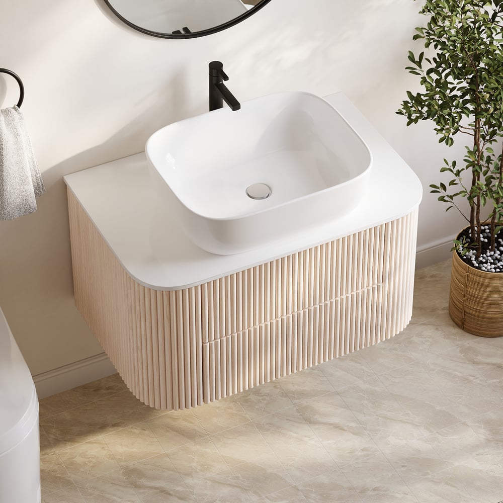 31.5" Whitewash Fluted Bathroom Vanity with Vessel Sink – Wall-Mounted Floating Design