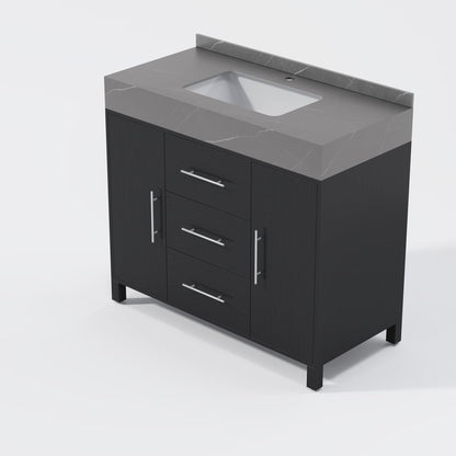 39.4" Freestanding Black Bathroom Vanity, Sintered Stone Countertop & Silver Handles